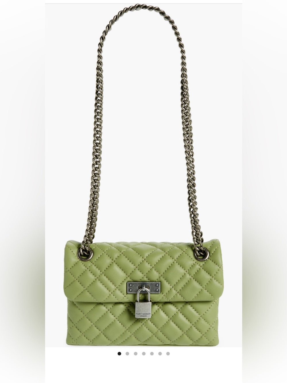 Kurt Geiger Brixton Lock Quilted Sage Green Crossbody Bag with Silver Chain
